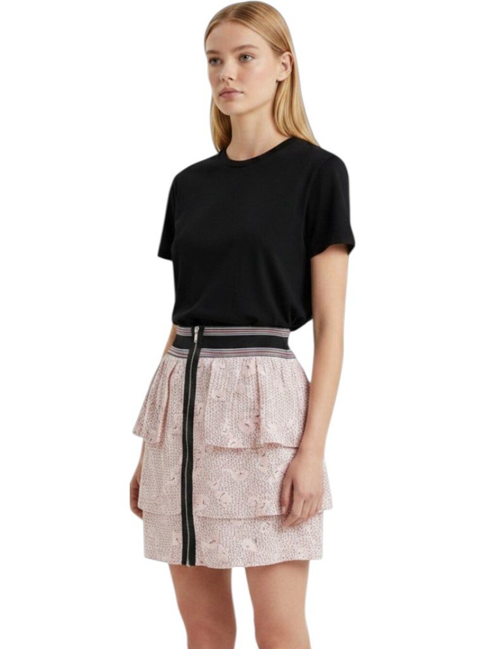 BCBGeneration Tiered Ruffle Mini Skirt Buff Blush Pink Patterned Stripe Waist XS